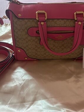 Coach Tan Signature Satchel with Bright Pink Leather Trim